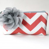 Chevron Clutch, Coral and White with Grey Flower