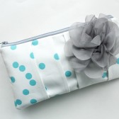 Pleated Clutch Purse, Aqua Dots, Grey Flower
