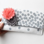 Clutch Purse, Coral Peach and Grey, Dots, Flower Brooch
