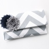 Chevron Clutch, Navy Grey with Flower Brooch