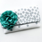 Clutch with Teal Flower, Grey Polka Dots