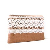 brown linen zipper pouch with cotton crochet trim