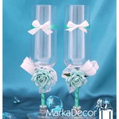 Wedding Glasses with Handmade Flowers, Special Ribbons in Mint light Teal and White