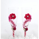 Wedding glasses with handmade flowers, pearls, lace in fuchsia (1 Pair)