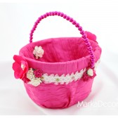 Flower Girl Basket with Brooches Crystals Handmade Flowers in Fuchsia Pink and White