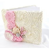 Wedding Guest Book in Pink and Ivory with a Line of Lace, Handmade Flowers, Brooches and Stamens' Accents