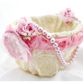 Flower Girl Basket with Brooches Crystals Handmade Flowers in Pink and Ivory 