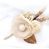 Groom Boutonniere with Satin Flowers my glass stamen's Accents and Cluster in Ivory, Tan, Champagne, Cream and Brown 1pc