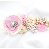 Bridal Sash in Pink and Ivory with Brooches, Stamens' Accents and Handmade Flowers
