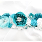 Bridal Sash in Turquoise, Dark tTurquoise, Blue and White with Brooches, Gass Beads, Stamens' Accents and Handmade Flowers