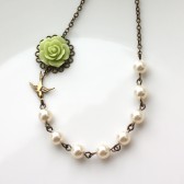 Green Flower and Ivory Pearls Necklace