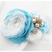 Hair Comb with Brooches, Handmade Flowers in Blue and White