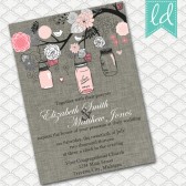 Pink and Gray Mason Jars on Linen Wedding Invitation
