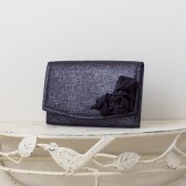 Small Wedding Envelope Clutch - Black and Silver Metallic Linen Fabric with Metallic Linen Roses