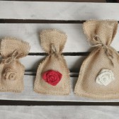 Set of 12- Small (3"x6") Burlap Fringe Rosette Favor Bags w/ Jute Twine