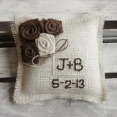 8" x 8" Off White Burlap Ring Bearer Pillow w/ Rosettes -Jute Twine-Custom-Intials & Wedding Date