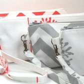wristlet clutch in gray and coral 