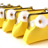 5 Bridesmaid Clutches- Yellow and White Polka Dot Clutches with Chiffon Flower Brooch