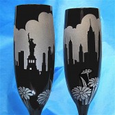Black champagne flutes, NY skyline