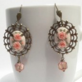  Hand embroidery earrings blush roses and lace.