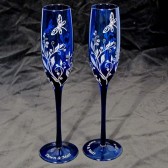 Cobalt Blue Champagne Flutes, Vine with Dragonflies