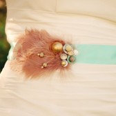 Robin's egg blue sash with pearls and vintage brooch