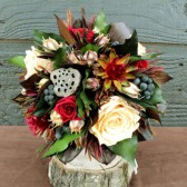 champagne and burgundy rose woodland maid of honor bouquet