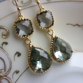 Charcoal Gray Teardrop Earrings Two Tier in Gold