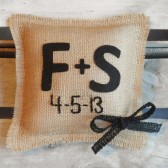8" x 8" Natural Burlap Ring Bearer Pillow w/ Felt Letter Personalization & Embroidered Wedding Date