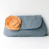 Clutch Purse, Coral Peach and Grey, Flower Brooch
