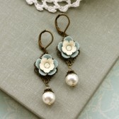 A Vintage Style Soft Dusty Grey Blue, Cream Pansy Flower, Ivory Peal Drop Earrings