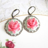 Mint Green Pink Floral Dangling Earrings 