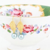 Golden Leaf Earrings With Pale Blue Pearls