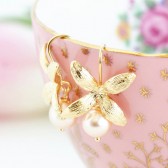 Golden Flower Earrings With Blush Pink Pearls