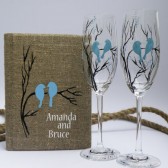Burlap linen guest book and hand painted champagne glasses - Blue Birds on brunch Wedding flutes