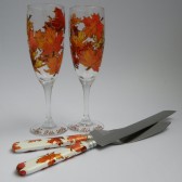 4 pc SET of Hand painted Wedding Toasting Flutes Champagne glasses and cake knives Autumn Leaves