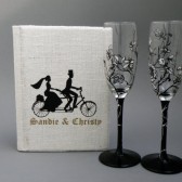 READY TO SHIP Burlap linen guest book and hand painted champagne glasses - Groom and bride on bicycle and vintage flowers
