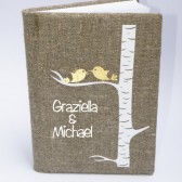 Wedding guest book burlap Linen Wedding guest book Personalized Gold Birds on white birch tree