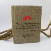 Wedding guest book burlap Linen personalized with important message from Bible Corinthians 13:13 and Red Birds