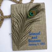 Wedding guest book burlap Linen Wedding guest book Bridal shower engagement anniversary Natural Peacock Feather