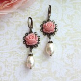 A Small Soft Pink Rose Bud Ivory Pearl Earrings. Vintage Style Inspired