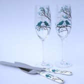 4 pc SET of Hand painted Wedding Toasting Flutes Champagne glasses and cake knives Teal birds on branch