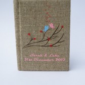 Wedding rustic guest book burlap Linen Wedding guest book Bridal shower engagement anniversary Blue, Pink birds on branch with red flowers