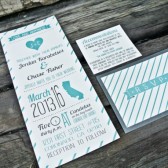 Wedding Invitation. Rustic and Whimsical Heart and Stripes, Teal and Gray 