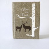 Wedding rustic guest book burlap Linen Wedding guest book Bridal shower engagement anniversary Doe and Buck under white birch tree