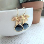  Orchid Flower Dark Sapphire Blue Glass Framed Jewel French Drop Earrings. 