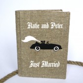 Wedding rustic guest book burlap Linen Wedding guest book Bridal shower engagement anniversary Groom and bride Just married in retro car