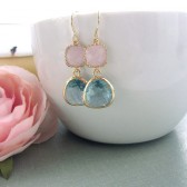 Aqua Light Blue Framed Glass Drop and Pink Opal Glass Drop French Dangle Earrings