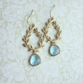 Roman Inspired Laurel Wreath Aqua Glass Gold Drop Dangle Earrings,