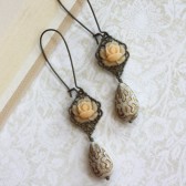 Light Peach, Ivory Gold Ornate Bead Earrings. Vintage Theme Wedding